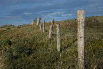 Dunes. Gate. Wire fence. North sea coast. Julianadorp. Netherlands.