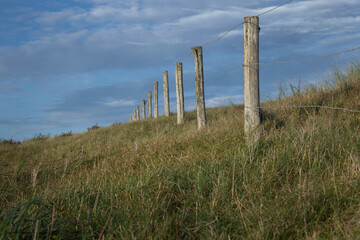 Dunes. Gate. Wire fence. North sea coast. Julianadorp. Netherlands.