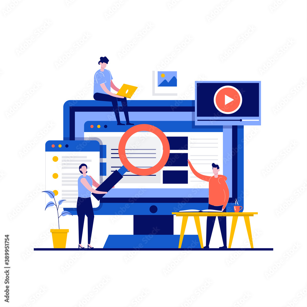 Poster search engine optimization concept with character. people create seo and web analytics elements. key