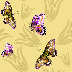 Art & Illustration. Seamless floral pattern with butterflies.