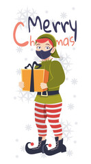 green elf guy in uniform holding gift box male cartoon character santa helper happy new year merry Christmas holidays celebration concept. Year background template. Merry Christmas and Happy New Year 