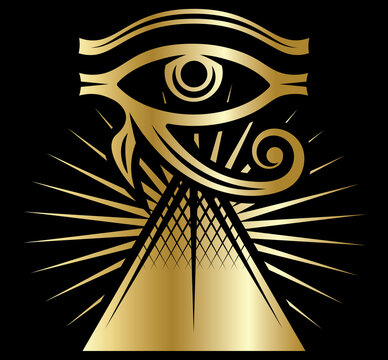 The Eye of Horus with rays of Sun and pyramid.. Ancient symbol pattern. Vector color illustration. Black background