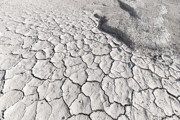 White soil cracked from the drought, top view. Background and texture to illustrate global...