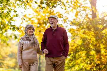 Happy senior couple spending time together in beautiful city park in autumn