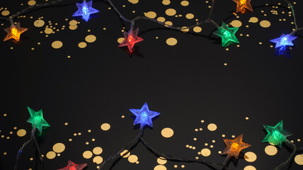 Garland in the form of stars, golden confetti on a black background, Christmas Decoration, Flashlights
