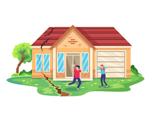 Obraz na płótnie Canvas Earthquake disaster illustration. Running people escaping from breaking construction. Natural disaster or calamity, earthquake and destruction of house. Earthquake damage to house. Vector flat style