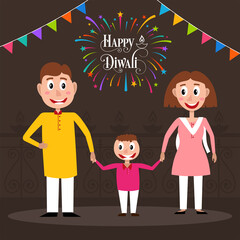 Happy Diwali greeting card with intricate calligraphy and cute family enjoying the festival.