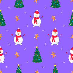 A snowman, a Christmas tree and a gingerbread man. New Year's pattern