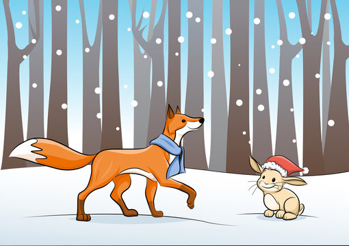 Fuchs und Hase im Winterwald