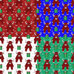 Set of 4 seamless vector patterns with bulls, gifts, snowflakes on different backgrounds. For design, wallpaper, packaging, fabric.