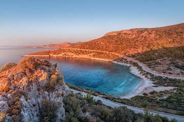 Sunrise over paradise little kurubuk Cove and Bay on Datca Peninsula. Turkish natural seaside wonders