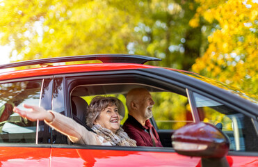 Happy Senior Couple travelling in their car
