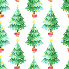 Watercolor seamless pattern with green Christmas tree.Winter cartoon Illustration for the New year.Watercolour Decorative floral element