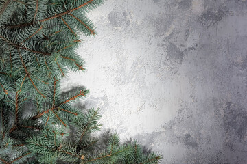 christmas white-gray background with texture of spruce branches top view