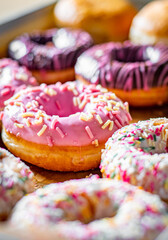 Assorted sweet donuts in a paper box.