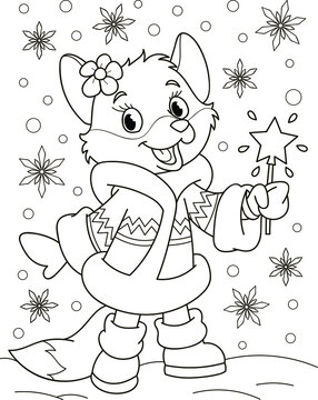 Coloring page outline of cartoon smiling cute fox with Christmas star. Colorful vector illustration, winters coloring book for kids.
