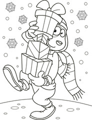 Coloring page outline of cartoon smiling cute dog with Christmas gifts. Colorful vector illustration, winters coloring book for kids.