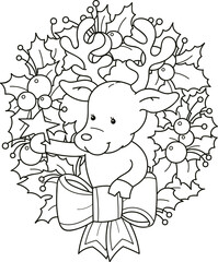 Coloring page outline of cartoon smiling cute deer with Christmas wreath. Colorful vector illustration, winters coloring book for kids.