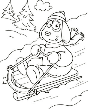 Coloring page outline of cartoon smiling cute dog sledding. Colorful vector illustration, winters coloring book for kids.