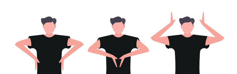 Men athletes in a T-shirt. Posing. Hands, torso, head. The character. Hands on the waist, hands up, hands clap their hands. Unique vector illustration. 