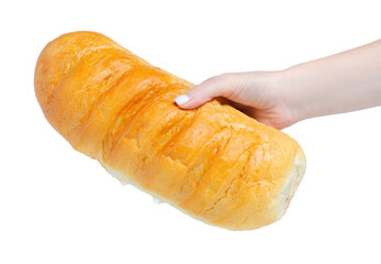 Fresh loaf bread in hand on white background isolation