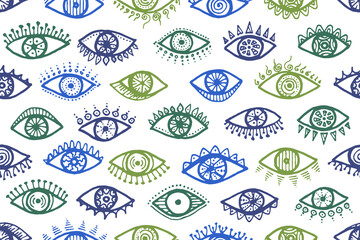 Hand drawn open eyes cute seamless ornament. Pop 