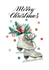 Watercolor hand drawn christmas skates with coniferous branches and calligraphy title. Can be used as print, postcard, invitation, textile, greeting card, packaging design, label, sticker and so on.