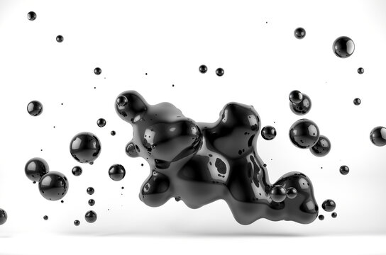 Ink or fluid shapes.Science physics and chemistry. Abstract black liquid drops background.3d illustration