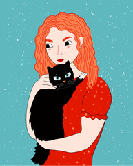 Redheaded girl holding black cat