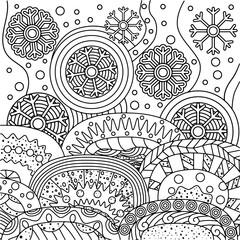 Winter coloring book with snowflakes and abstract ornaments. Black outline on a white background. Vector illustration with simple shapes.