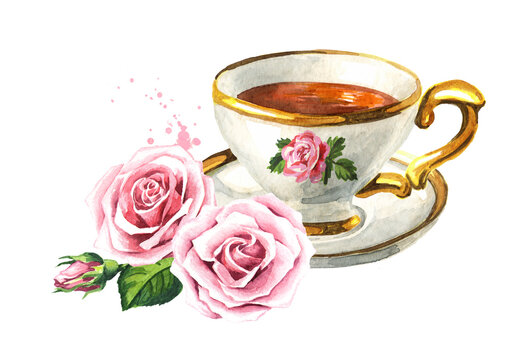 Cup of tea with rose flower. Hand drawn watercolor illustration isolated on white background