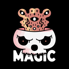 skull and smoke with magic typography illustration for logo, poster, sticker, or apparel merchandise.With tribal and hipster style.