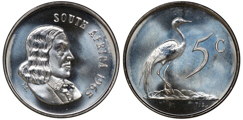 South African Republic coin 5 five cents 1965, head of Jan van Riebeeck right, blue crane and...