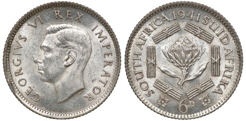 British South Africa silver coin 6 six pence 1941, head of King George VI left, Protea flower...