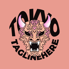 Japanese Devil head with tokyo typography illustration for poster, sticker, or apparel merchandise.With tribal and hipster style.