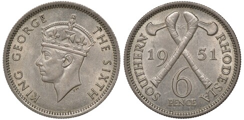 British South Rhodesia coin 6 six pence 1951, head of King George VI left, two axes divide date and...