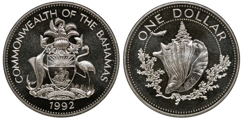 The Bahamas coin 1 one dollar 1992, arms, shield with supporters, shell and small fish, value and...