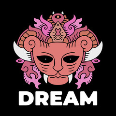 Devil head with dream typography illustration for poster, sticker, or apparel merchandise.With tribal and hipster style.