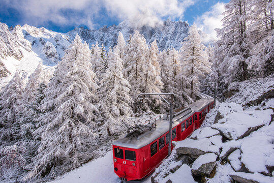 Autumn at Mer de Glace red train in Chamonix French Alps