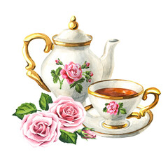 Teapot, cup of tea and rose flower. Hand drawn watercolor illustration isolated on white background