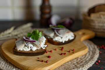 Brown whole grain bread with cottage cheese and salted herring, onion on a wooden cutting board, kitchen, natural day light.