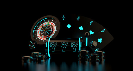 Gambling concept with playing cards, dice, casino chips, slot and roulette wheel with neon lights. 3D rendering.