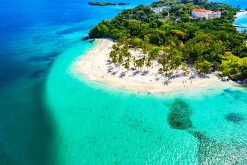 Tuinposter Aerial drone view of beautiful caribbean tropical island Cayo Levantado beach with palms. Bacardi Island, Dominican Republic. Vacation background. © Nikolay N. Antonov