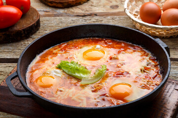 israeli fried eggs shakshuka with cheese in a frying pan next to products on the table.