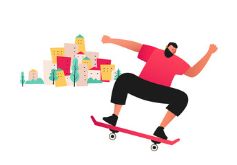 Young man on a skateboard. Extreme sport training tricks isolated on white background. Active rest on a skateboard. Skateboarding vector illustration
