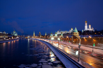 Fototapeta na wymiar Winter Moscow at night. Kremlin, Moscow river, Christ the Saviour Cathedral. Russia