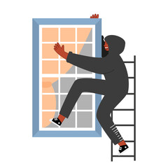 A thief in a black hood climbs through the window. The offender wants to burglary in the apartment. Home robbery. Vector illustration of security