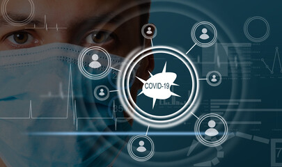 virtual illustration of covid. Doctor holding antiviral drugs, anti-viral drug against COVID-19 virus or coronavirus and modern virtual screen interface icons.