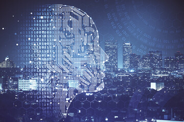 Brain hologram drawing on city scape background Double exposure. Brainstorming concept.