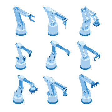 Robotic arms, machine hands on factory or plant. Industrial mechanic equipment, automatic manipulators on manufacturing production line. Vector isometric set of hydraulic robot arms